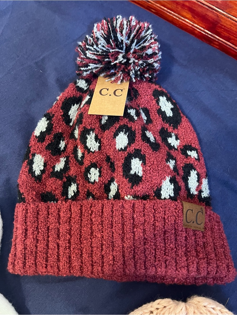 C.C Burgundy Leopard Pom-Pom Beanie